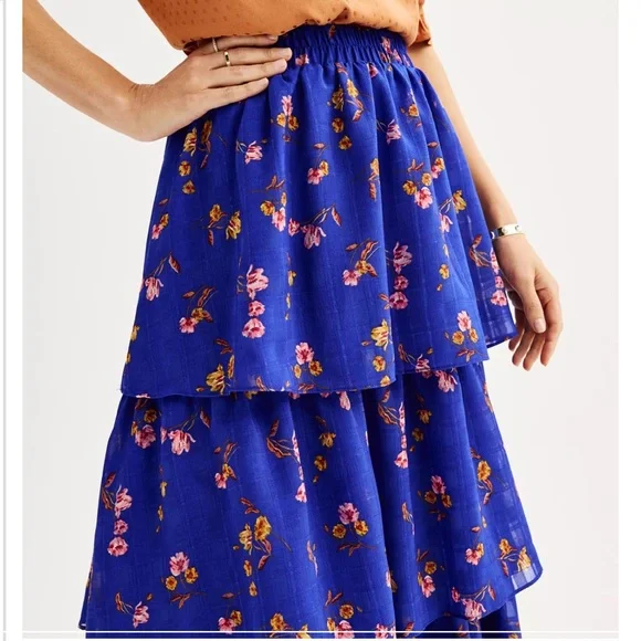 NEW Draper James RSVP Tiered Floral Ruffle Cobalt Blue Midi Skirt, Large - Picture 4 of 12